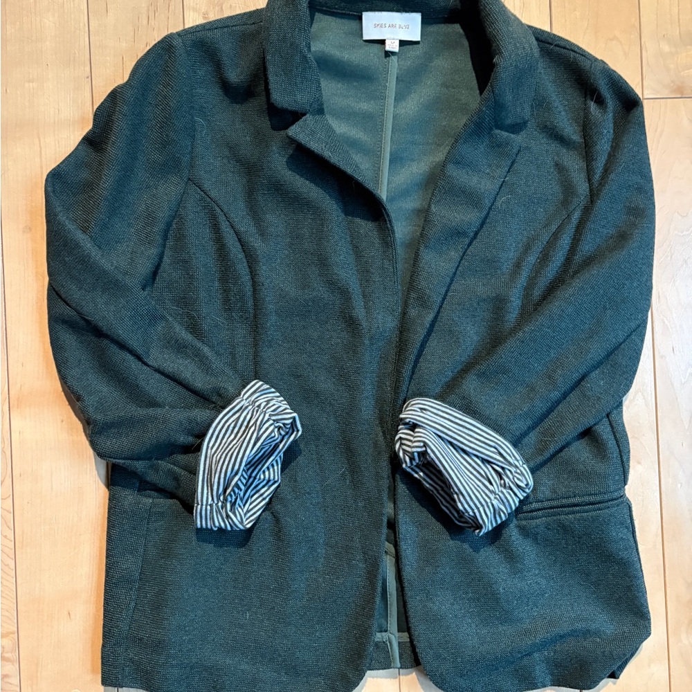 Skies Are Blue Dark Green Blazer with Striped Cuffs